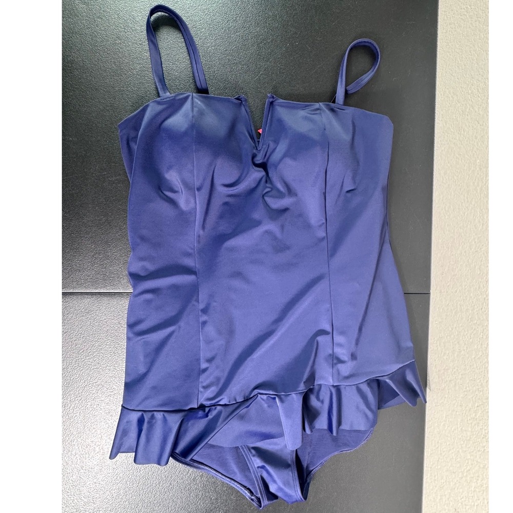 Spanx Navy Blue Ruffle Hem One Piece Swimsuit Size 16 Notched Sweetheart Bather